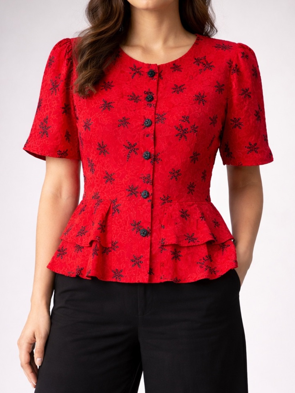 Vintage I. Magnin Red and Black Silk Ruffle Button Up Blouse Sz 10 Petite